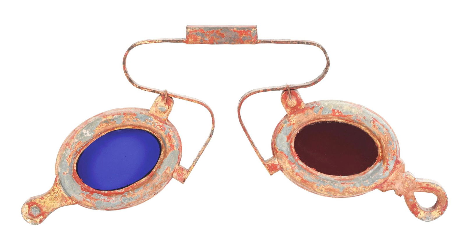 OPTICAL LENSES & GLASSES TRADE SIGN W/ BLUE & RED LENSES: A nice example of this ornate optical glasses trade sign featuring blue and red lenses in the glasses. The blue and red glass lenses remain undamaged and display very nicely. The metal frame of the si