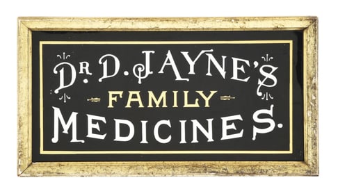 DR. D. JAYNE'S FAMILY MEDICINES REVERSE PAINTED GLASS SIGN