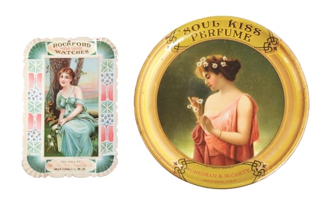 LOT OF 2: TIN ADVERTISING TRAYS - PERFUME & ROCKFORD WATCHES