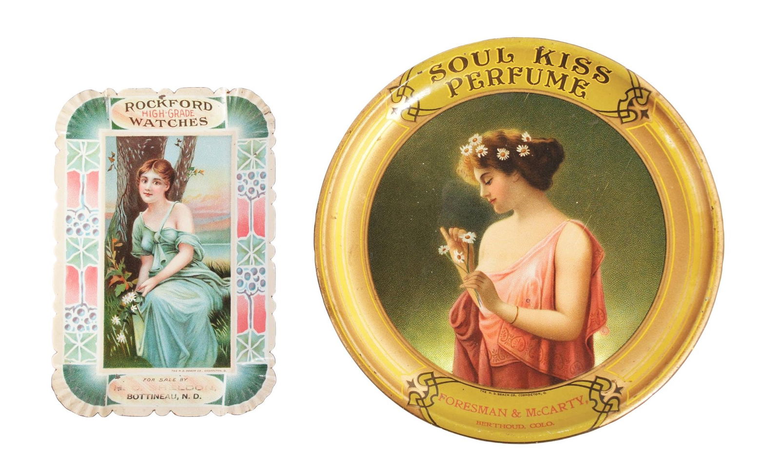 LOT OF 2: TIN ADVERTISING TRAYS - PERFUME & ROCKFORD WATCHES (1 of 2)