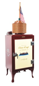 GENERAL ELECTRIC CHRIS CRAFT-THEMED REFRIGERATOR W/ NAUTICAL GRAPHICS.