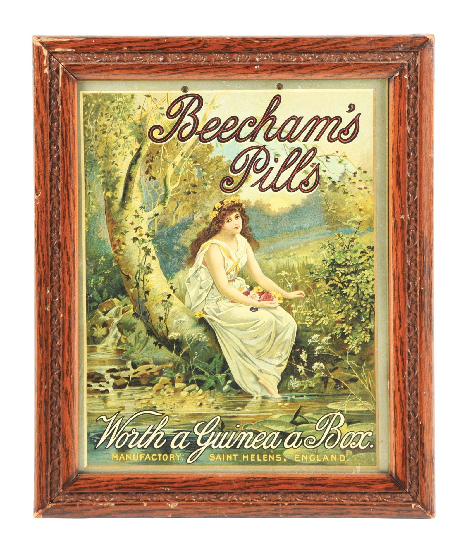 BEECHAM'S PILLS "WORTH A GUINEA A BOX" FRAMED ADVERTISEMENT: SSC. A nice example of this cardboard advertisement from Beecham's Pills featuring a nice woman graphic in nature. CONDITION: This sign retains excellent color throughout the lithography. There are sl
