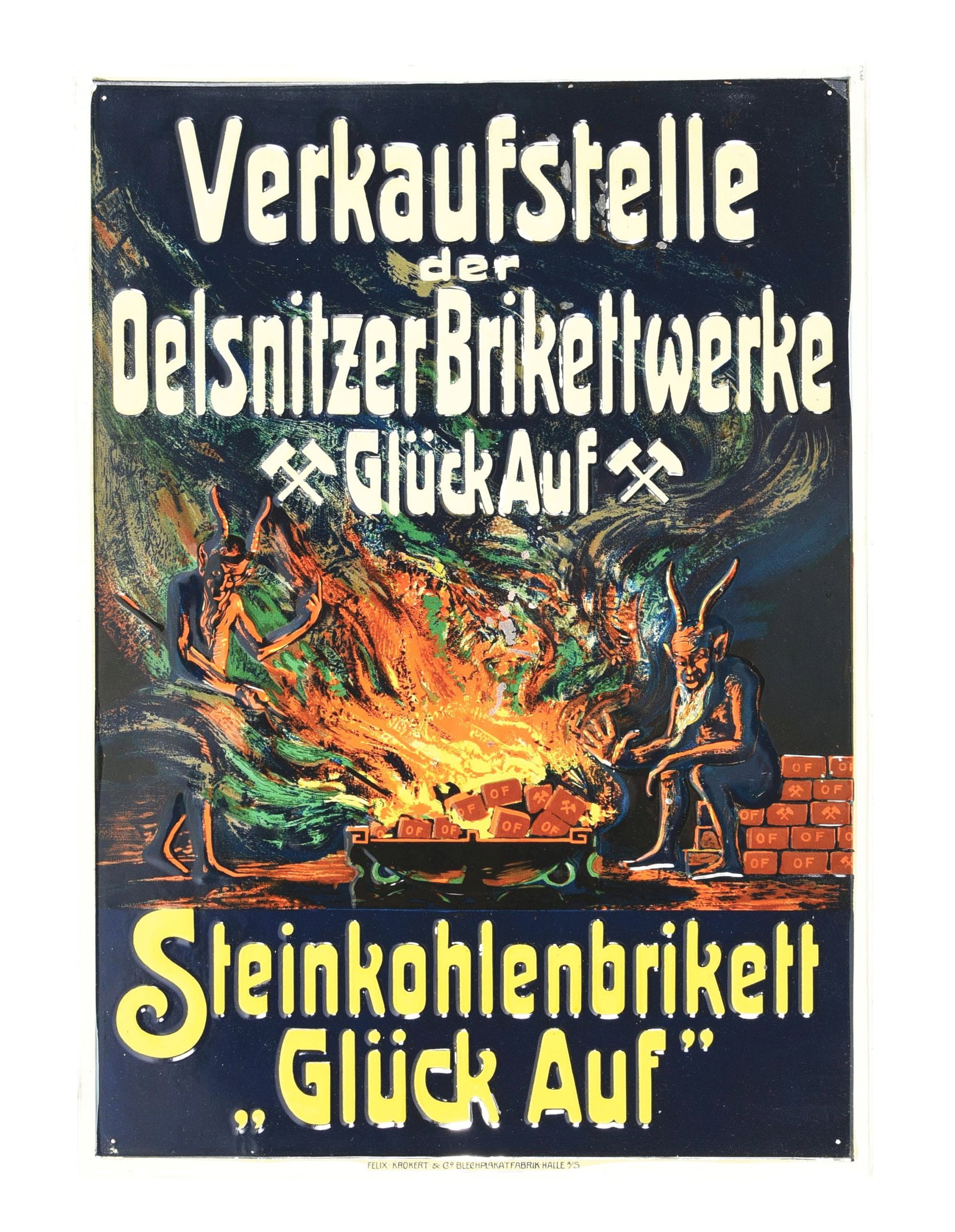 THE DEVIL AND HELL SELF-FRAMED EMBOSSED COAL TIN W/ DEVIL GRAPHICS.: SST. The Devil and Hell embossed coal/coke tin advertising with self framed edge. CONDITION: Piece has extraordinary color, with areas of paint loss throughout the inner and outer fields. The piece sh