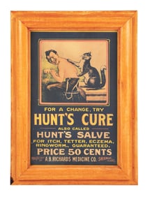 HUNT'S CURE FRAMED CARDBOARD ADVERTISEMENT