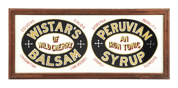 WISTAR'S BALSAM PERUVIAN SYRUP FRAMED REVERSE PAINTED GLASS SIGN