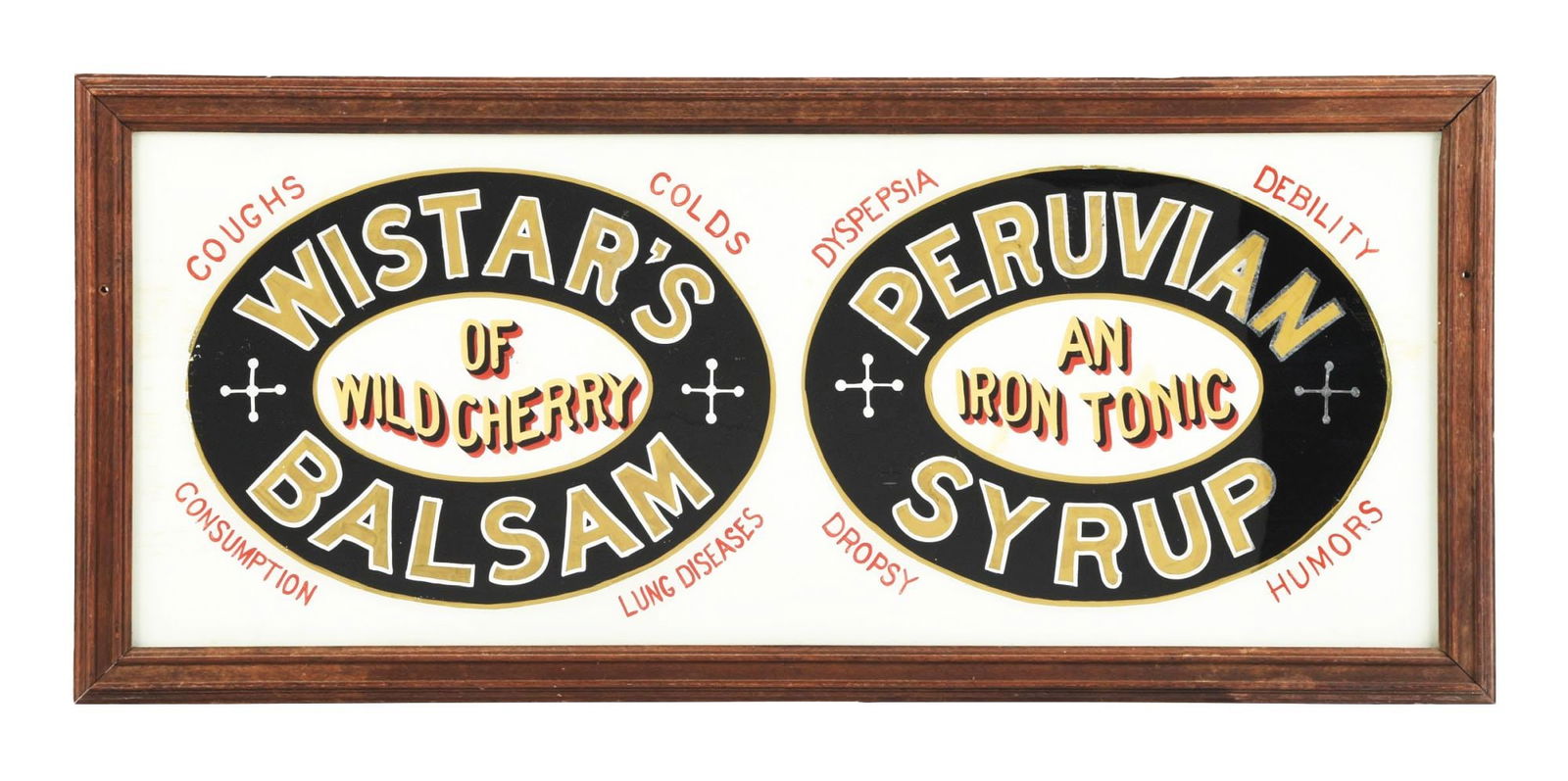 WISTAR'S BALSAM PERUVIAN SYRUP FRAMED REVERSE PAINTED GLASS SIGN (1 of 2)