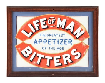 LIFE OF MAN BITTERS REVERSE PAINTED GLASS SIGN