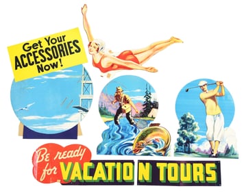 NOS PURE OIL STORE DISPLAY W/ GIRL AND SPORTS GRAPHICS.