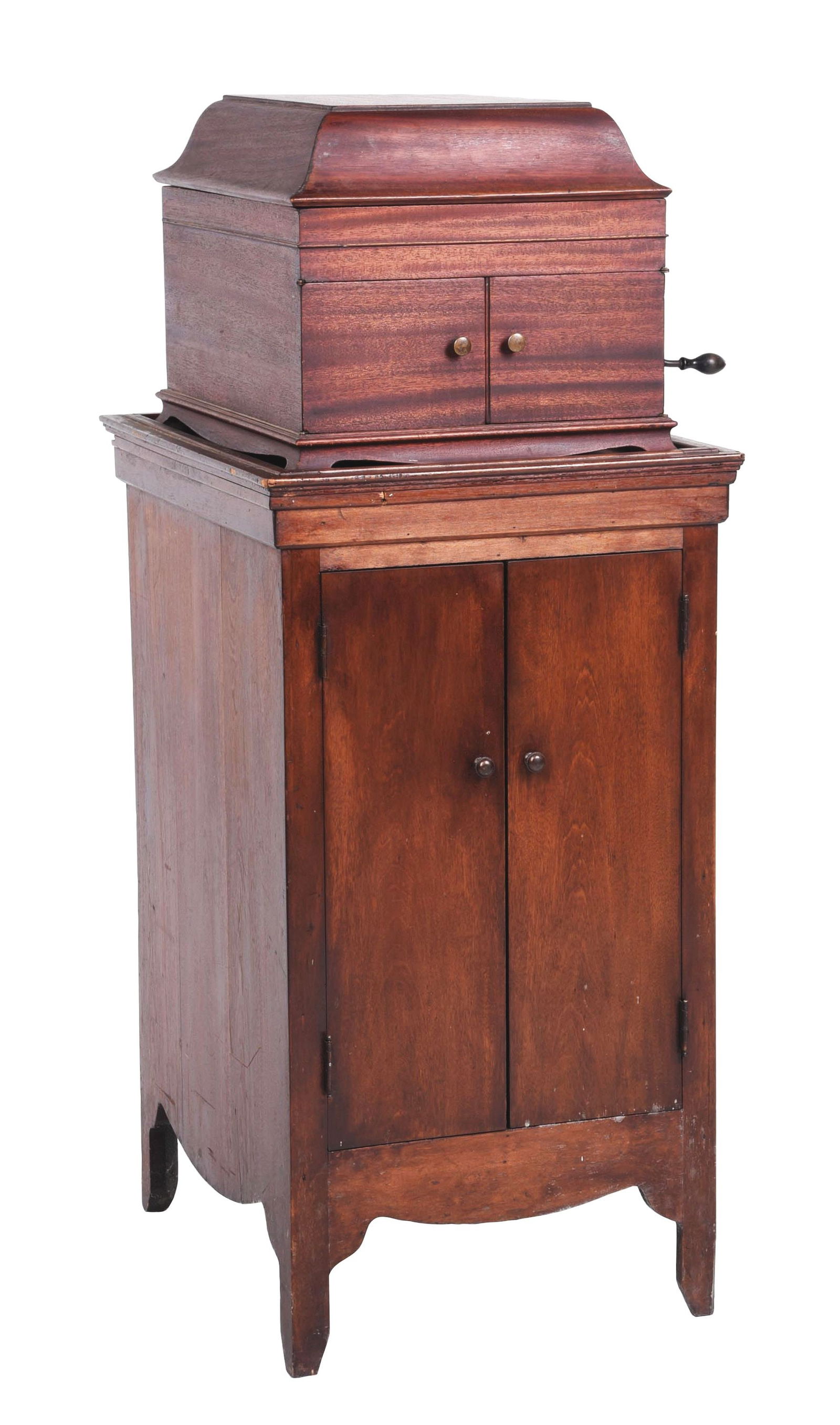 ANTIQUE RECORD PLAYER & WOODEN STAND: Victor countertop record player with matching stand. CONDITION: With great patina, complete and working. The cabinet has two doors and an interior for records. This is not a standard shippable item an