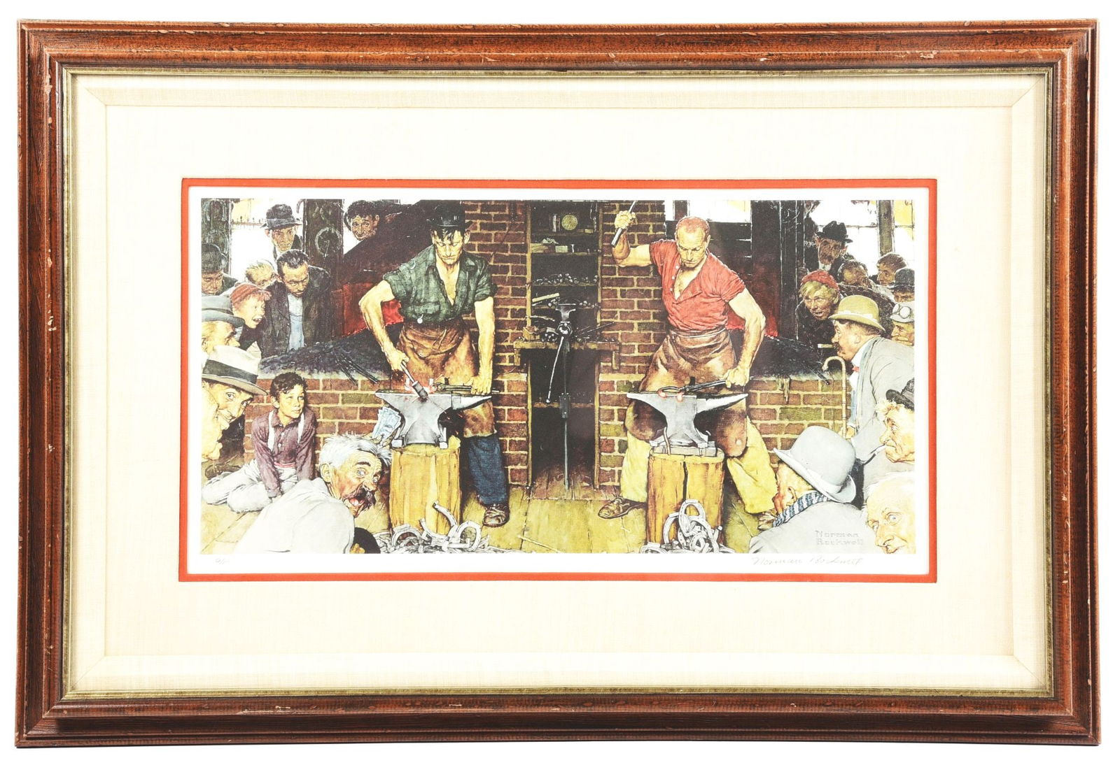 FRAMED NORMAN ROCKWELL PRINT W/ BLACKSMITH GRAPHIC. (1 of 2)