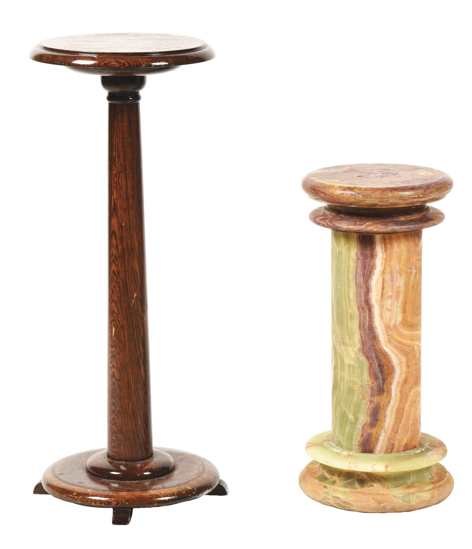 PAIR OF MACHINE PEDESTALS: (A) A refinished oak pedestal. CONDITION: The pedestal shows light scrapes and scuffs from use. (B) The shorter all-marble pedestal, which could be used for a smaller machine or a piece of artwork. CO