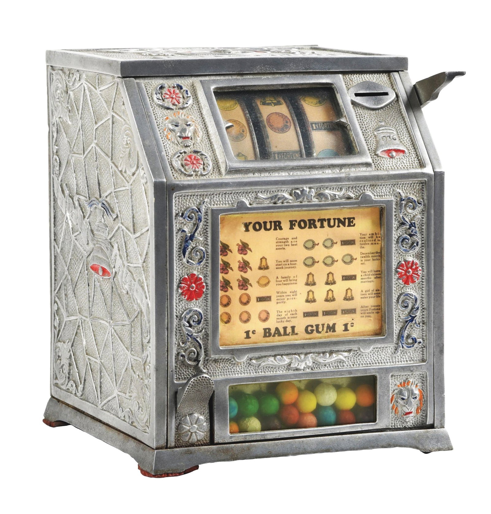 PURITAN BABY VENDOR TRADE SIMULATOR: This Puritan Baby vendor trade simulator is in all original condition, with original reel strips, award card, working gumball vendor and back door. CONDITION: There are areas of oxidation to the alumi