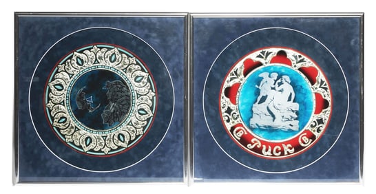 PAIR OF FRAMED UPRIGHT SLOT MACHINE GLASS