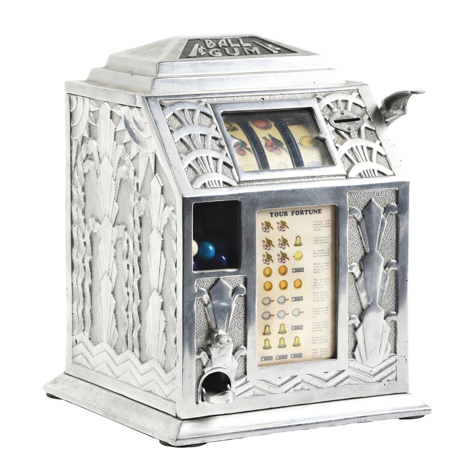 DUVALL 1¢ BALL GUM TRADE SIMULATOR: This is a 1930s aluminum trade simulator with gumball vendor. It has new reel strips and award card that shows a polishing to the outside aluminum exterior. CONDITION: It shows some aged patina to the