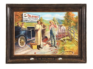 FALSTAFF BOTTLED BEER SELF-FRAMED TIN LITHOGRAPH W/ AUTOMOTIVE GRAPHIC