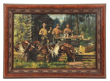 SCHMIDT BRG. CO.'S BIG GAME CANVAS PAINTING W/ HUNTING GRAPHIC.