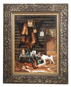 I.W. HARPER WHISKEY FRAMED VITROLITE ADVERTISEMENT W/ HUNTING GRAPHICS