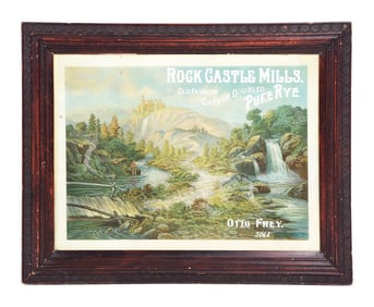 ROCK CASTLE MILLS PURE RYE REVERSE PAINTED GLASS SIGN W/ FLY FISHING GRAPHIC