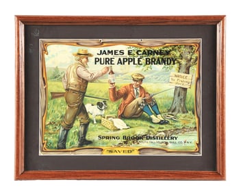 JAMES E. CARNEY PURE APPLE BRANDY CELLULOID OVER CARDBOARD SIGN W/ HUNTING & FISHING GRAPHIC