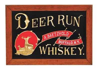 DEER RUN WHISKEY REVERSE PAINTED GLASS SIGN W/ BUCK & DEER GRAPHIC