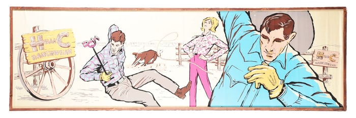 H BAR C RANCHWEAR WESTERN WEAR FRAMED CARDBOARD POSTER.