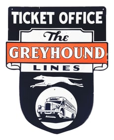 GREYHOUND BUS LINES PORCELAIN SIGN W/ BUS GRAPHIC