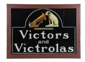 VICTORS AND VICTOROLAS DOUBLE-SIDED REVERSE PAINTED GLASS SIGN W/ PHONOGRAPH & DOG GRAPHIC