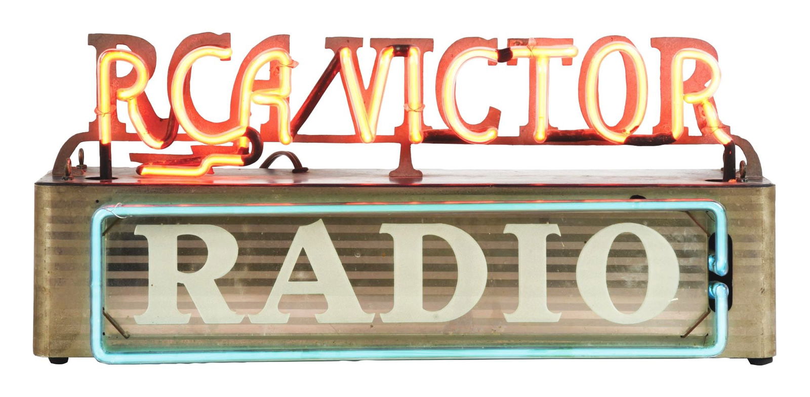 VICTORS AND VICTOROLAS DOUBLE-SIDED REVERSE PAINTED GLASS SIGN W/ PHONOGRAPH & DOG GRAPHIC (1 of 2)