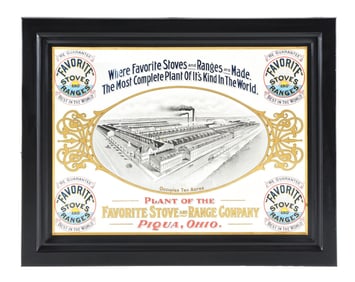 FAVORITE STOVES AND RANGE COMPANY SELF-FRAMED TIN LITHOGRAPH W/ EARLY PLANT GRAPHIC.