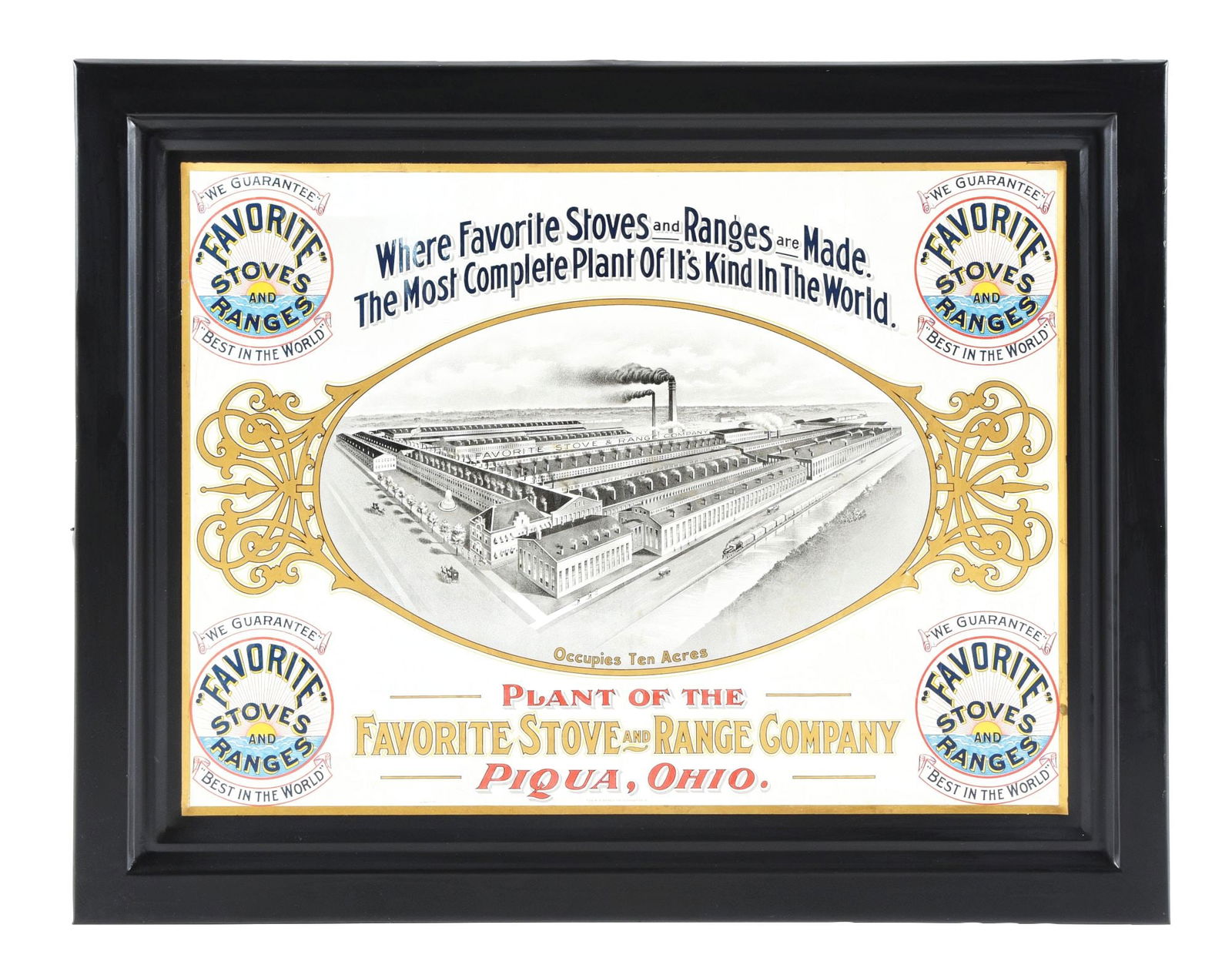 FAVORITE STOVES AND RANGE COMPANY SELF-FRAMED TIN LITHOGRAPH W/ EARLY PLANT GRAPHIC. (1 of 2)