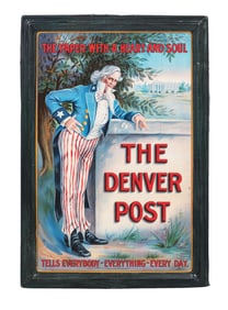THE DENVER POST SELF-FRAMED TIN LITHOGRAPH W/ UNCLE SAM GRAPHIC