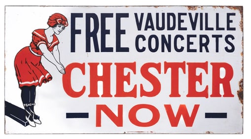 FREE VAUDEVILLE CONCERTS CHESTER NOW PORCELAIN SIGN W/ DIVING WOMAN GRAPHIC