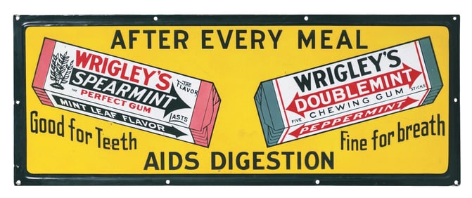WRIGLEY'S SPEARMINT GUM PORCELAIN SIGN W/ GUM PACK GRAPHICS