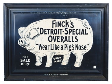 FINCK'S "DETROIT SPECIAL" OVERALLS SELF-FRAMED TIN SIGN W/ PIG GRAPHIC
