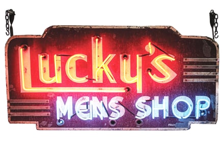 LUCKY'S MEN'S SHOP PAINTED METAL NEON.