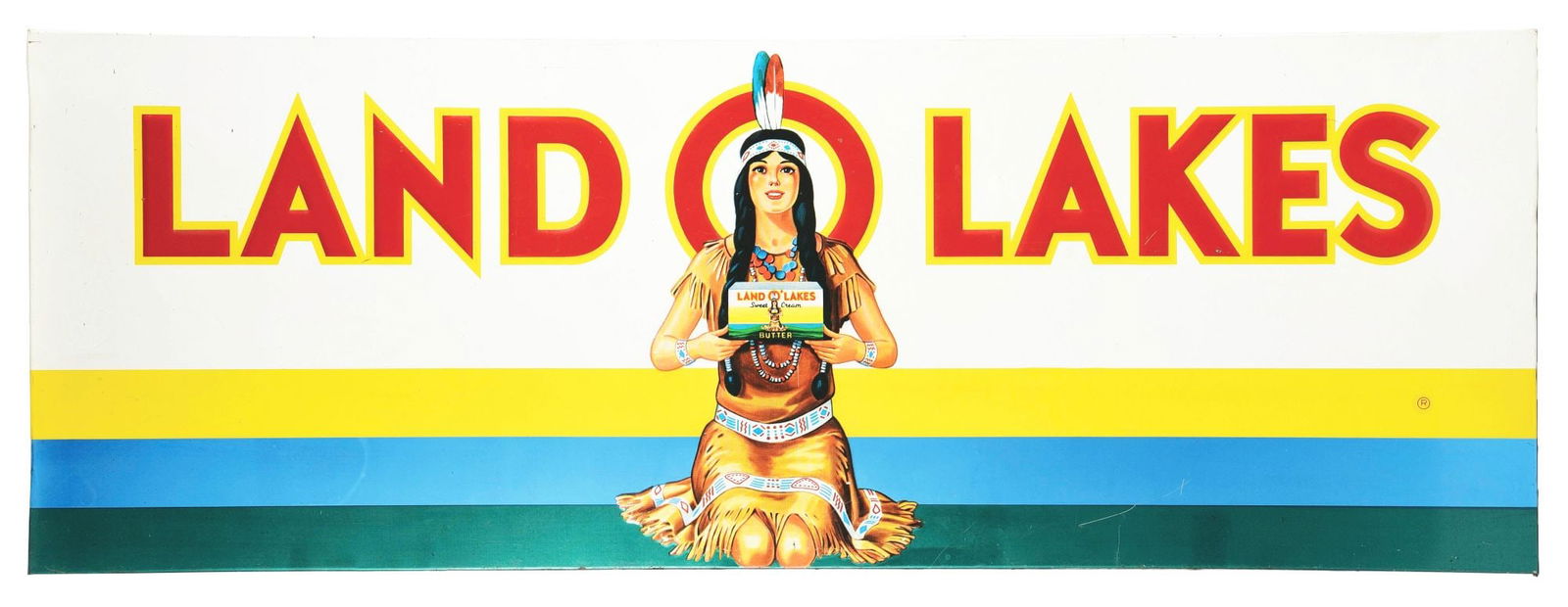 EMBOSSED TIN LAND O LAKES BUTTER SIGN W/ NATIVE AMERICAN GRAPHIC. (1 of 2)