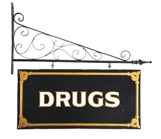 VERY EARLY DOUBLE-SIDED DRUGS EMBOSSED TIN SIGN W/ HANGER
