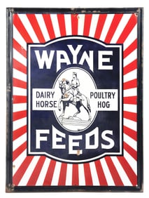 WAYNE FEEDS SELF-FRAMED PORCELAIN SIGN W/ HORSE & SOLDIER GRAPHIC.
