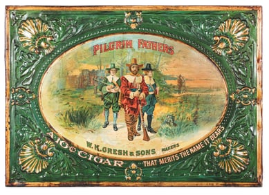 PILGRIM FATHERS EMBOSSED TIN LITHOGRAPH W/ PILGRIM GRAPHICS