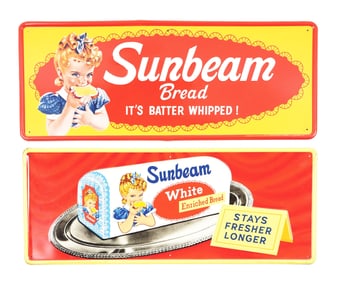 COLLECTION OF 2 SUNBEAM BREAD SELF-FRAMED EMBOSSED TIN SIGN W/ SUNBEAM GIRL GRAPHIC