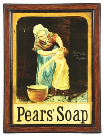 PEARS SOAP TIN SIGN W/ BATHING GRAPHIC IN ORIGINAL FRAME.