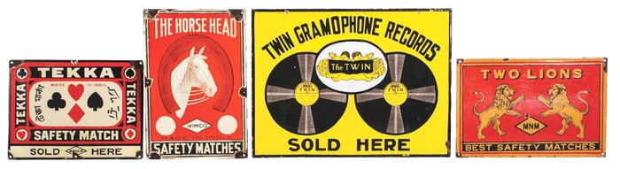 COLLECTION OF 4 FOREIGN PORCELAIN SIGNS W/ VARIOUS GRAPHICS