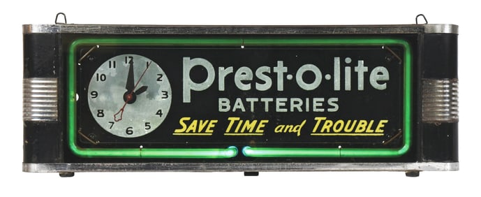 PREST-O-LITE BATTERIES NEON COUNTER TOP DISPLAY W/ CLOCK
