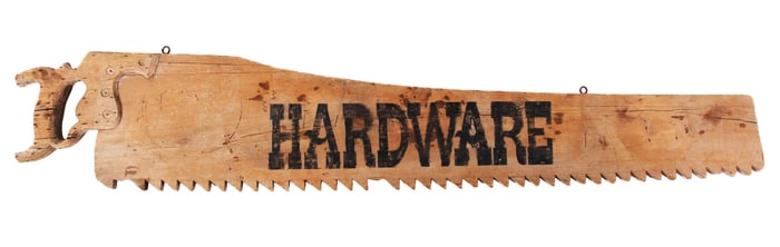 ANTIQUE WOOD SAW ADVERTISING HARDWARE HANGING SIGN