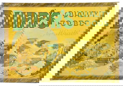 DURR'S "QUALITY FOODS FOR HEALTH" TIN OVER CARDBOARD SIGN W/ NATIVE AMERICAN GRAPHIC.