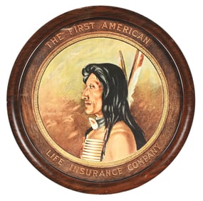 FRAMED LIFE INSURANCE ADVERTISING NOTING THE FIRST AMERICAN W/ NATIVE AMERICAN GRAPHIC
