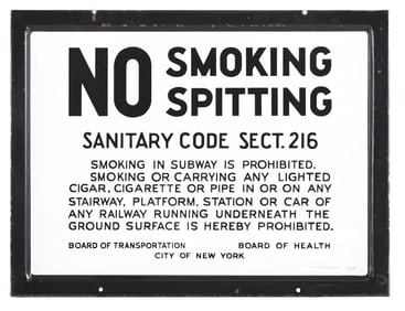 SELF FRAMED "NO SMOKING NO SPITTING" NYC SUBWAY PORCELAIN SIGN