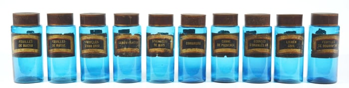 LOT OF 10: BLUE GLASS & TIN LID APOTHECARY JARS