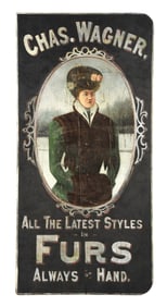 CHAS. WAGNER FURS PAINTED WOOD SIGN W/ BEAUTIFUL WOMAN GRAPHIC