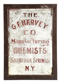 THE G.F. HARVEY CO. CHEMIST REVERSE FOIL & PAINTED GLASS ADVERTISING SIGN